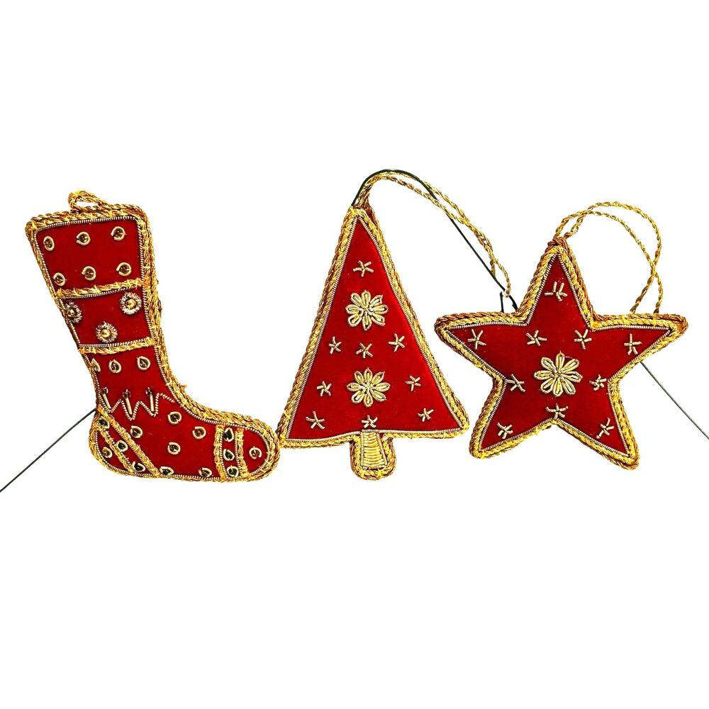 Vintage red cloth & gold cord ribbon trim Christmas tree ornaments handmade